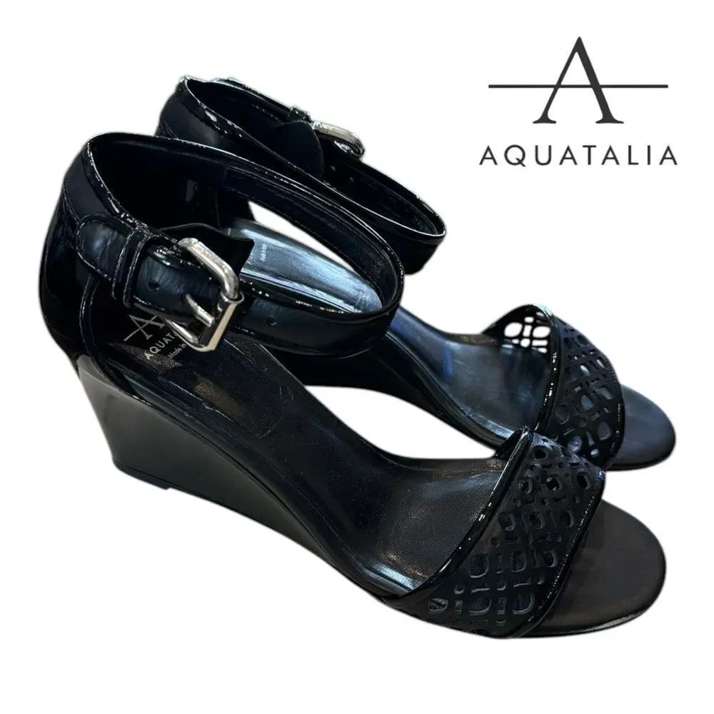 Aquatalia Doria Black Leather Patent Wedge Women's Sandals 7
